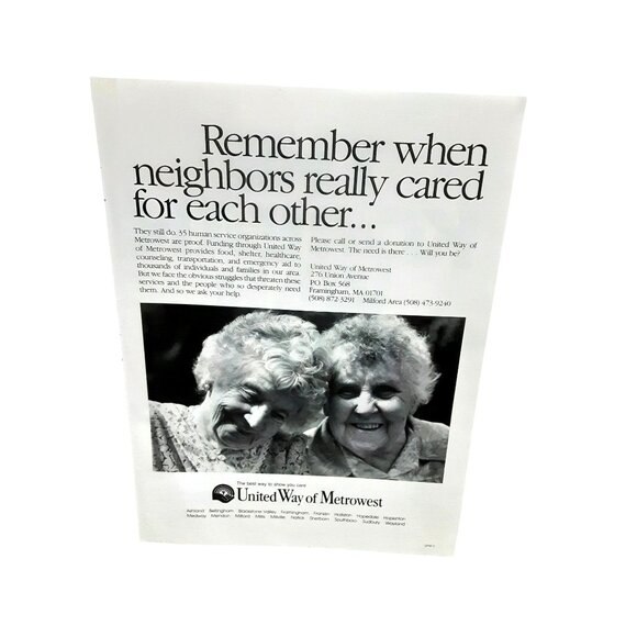 1991 United Way of Metrowest Print Ad Remember When Neighbors Cared - Picture 2 of 2